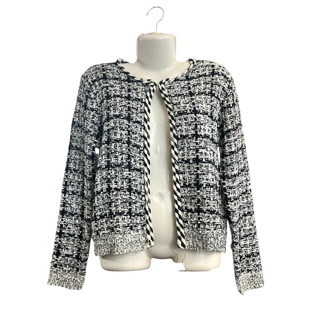 Sioni Women's White/Blk Marled Tweed Knit Cardigan Sweater Hook/Eye Closure SZ S - Picture 2 of 10